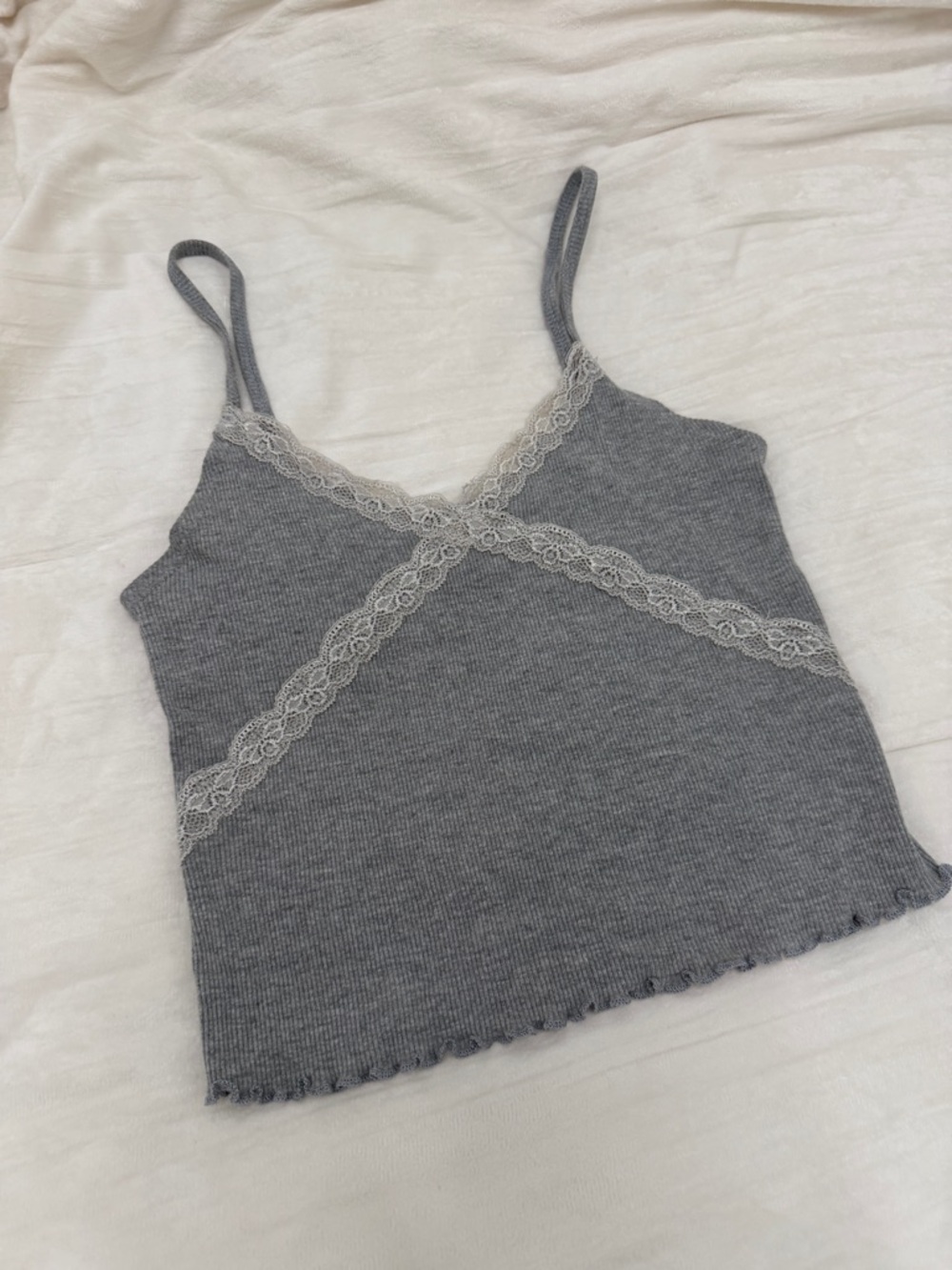 Topshop Gray Ribbed Lace-Trim Camisole